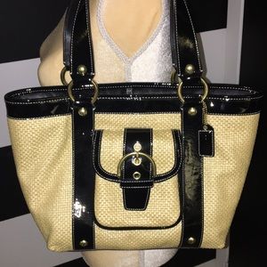 Coach Straw Bag with Black Patent Leather Trim